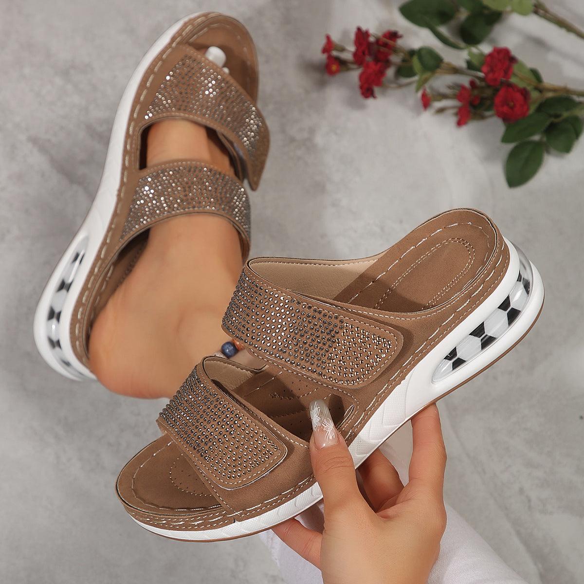 New Air Cushion Wedges Sandals Summer Casual Rhinestone Slides-0-KikiHomeCentre