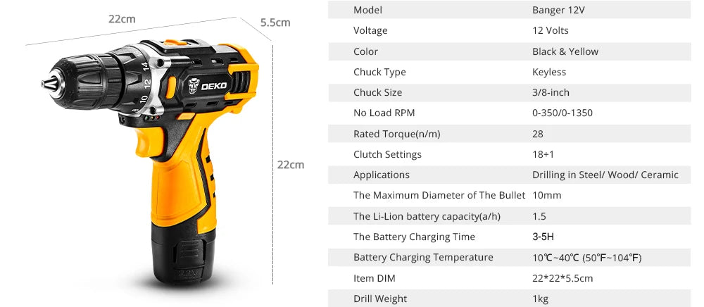 DEKO 12V/16V/20V Cordless Drill Screwdriver Mini Wireless Power Driver Lithium-Ion Battery LED Light Home DIY Woodworking