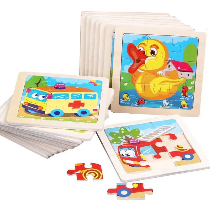 Kids Cartoon Animal Traffic Tangram Wood Puzzle Toys-KikiHomeCentre