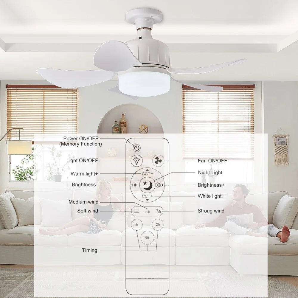 Socket Fan Light with Remote  Ceiling Fan with 3-Speeds, Cordless Light Socket Fan