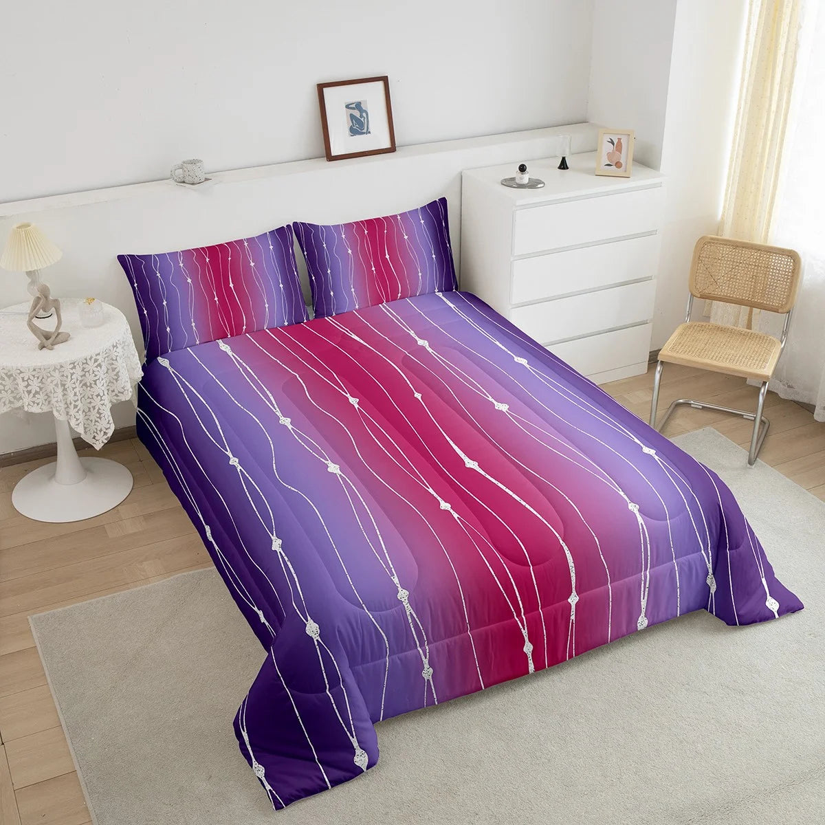 Purple and Pink Comforter Twin Gradient Ombre Bedding Set, Wave Lines Dots Bed Set Aesthetic Geometry down Comforter Modern Abstract Quilted Duvet Room Decor