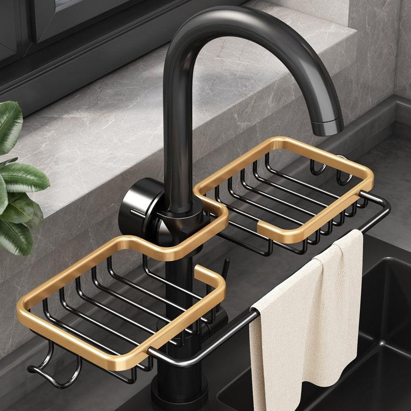 Aluminum Sink Drain Rack Sponge Storage Faucet Drainer Shelf Bathroom Accessories, Kitchen-KikiHomeCentre